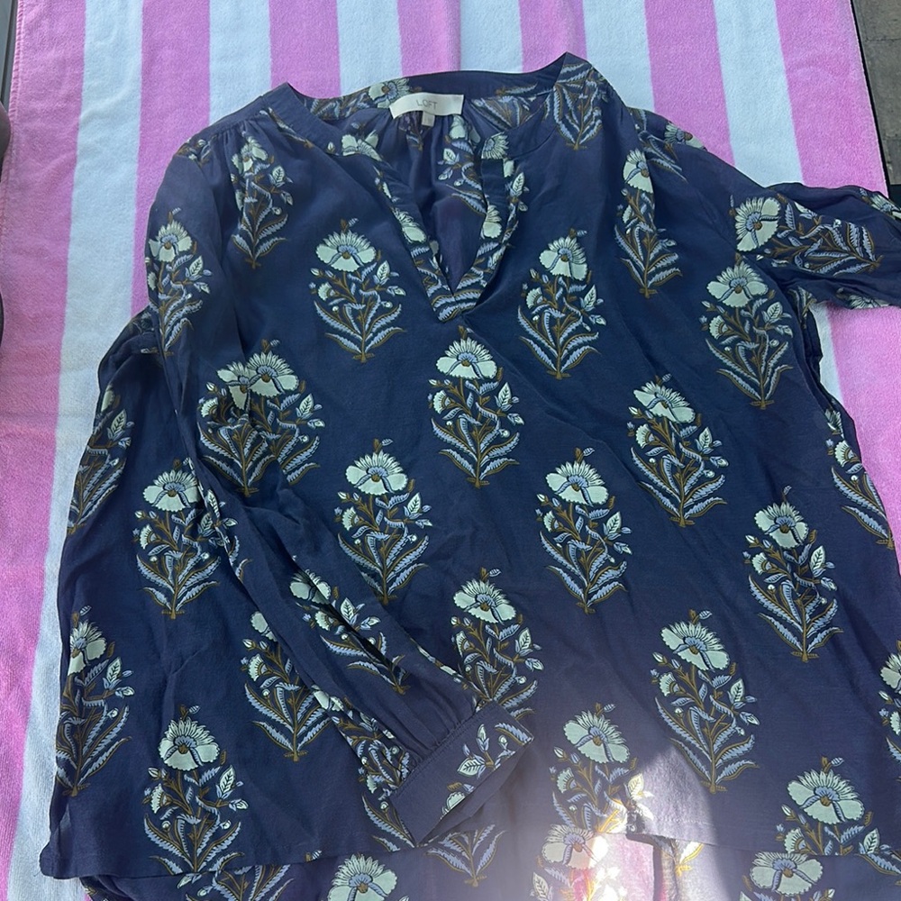 LOFT Dark Blue and Light Blue Floral Blouse